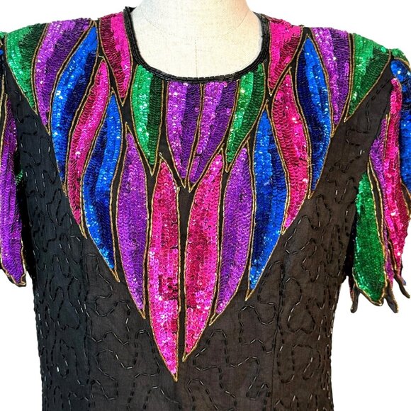 VTG Women’s Stenay Evening Dress Black With Sequins Beads Size Large Formal New - Picture 2 of 10